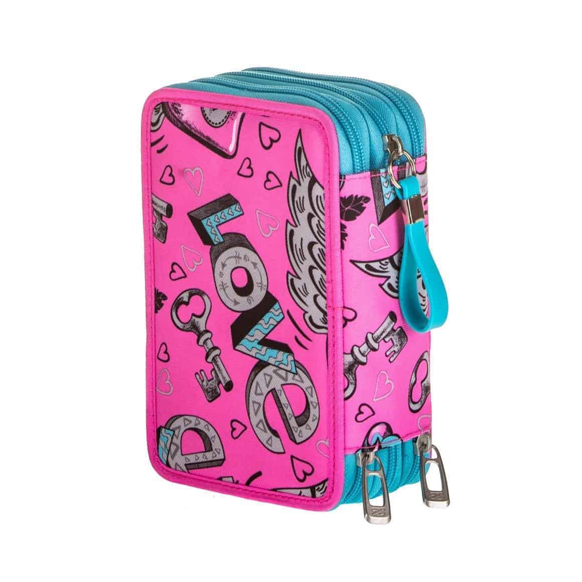 Seven Astuccio Scuola 3 Zip, Rosa Fantasia A Cuori, Glamheart Girl